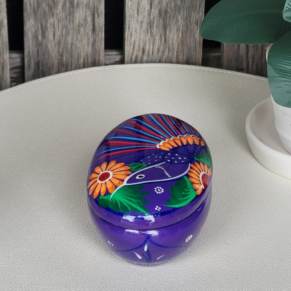 Mexican Folk Art Hand-Painted Oval Trinket Box Purple Bird
